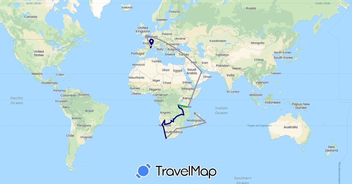 TravelMap itinerary: driving, bus, plane, boat in Botswana, France, United Kingdom, Malawi, Namibia, Qatar, Tanzania, South Africa, Zambia, Zimbabwe (Africa, Asia, Europe)